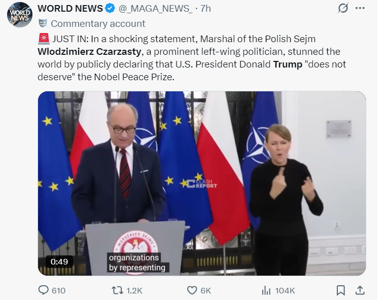 波兰众议长直言特朗普不配获诺奖 美国大使暴怒！